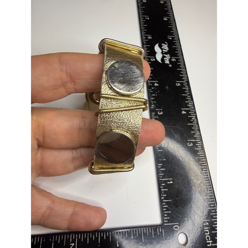 Gold Metallic Leather Cuff Bracelet Silver Disc Studs Snap Closure Mixed Metal